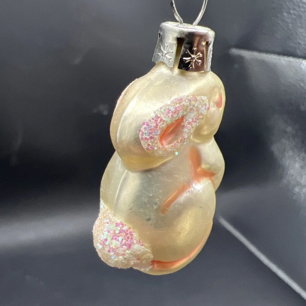 Vintage Czech Republic Glass Mini Bunny Rabbit Christmas Ornament Snowflake Cap